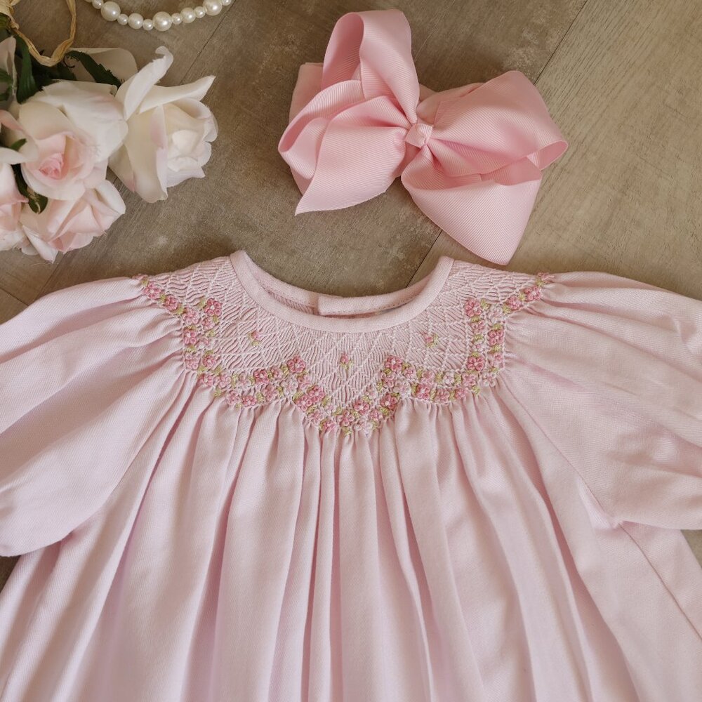 Pink Smocked Bishop Dress and Bow Set Size 6/9 Months Floral Embroidery - Picture 2 of 5